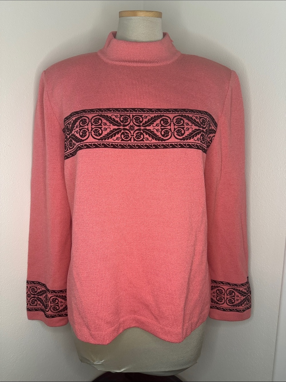 St John Collection by Marie Gray pink coral black print sweater mock large L